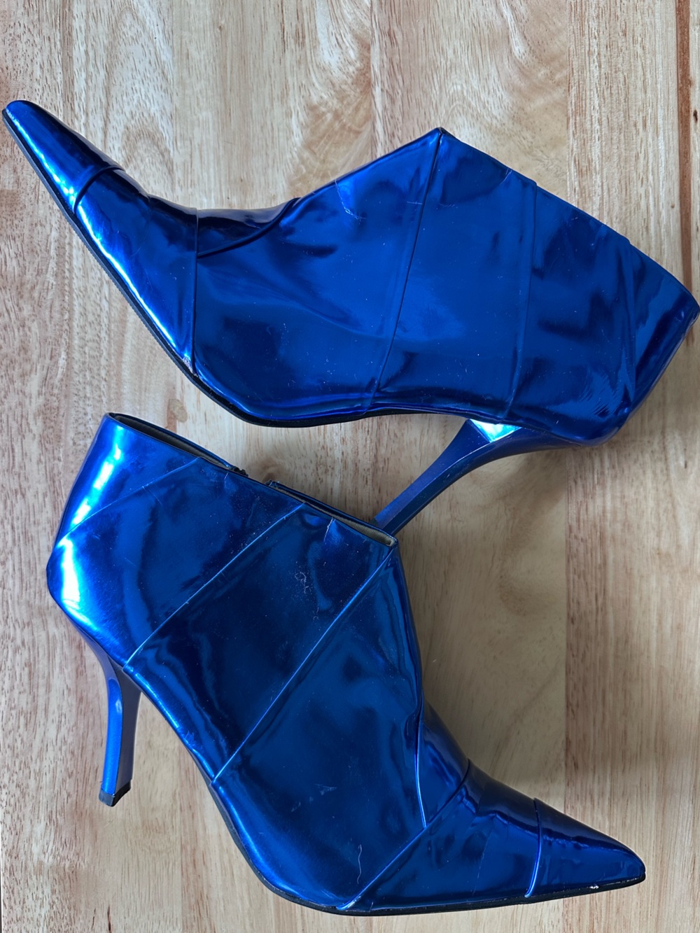 Qupid Metallic Blue Pointed-Toe Heeled Ankle Boots